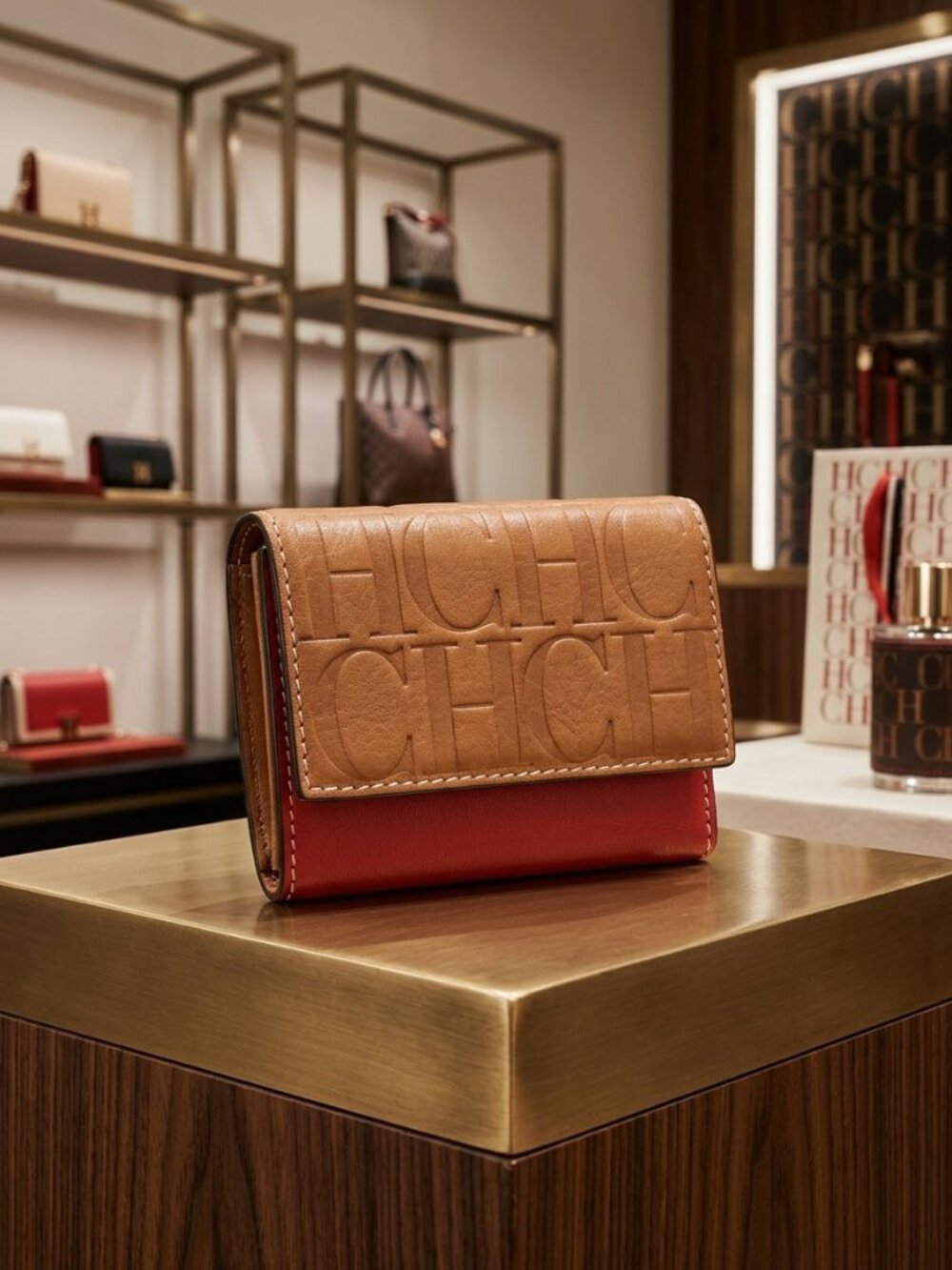 Authentic Carolina Herrera CH Monogram Embossed Leather Trifold Wallet
